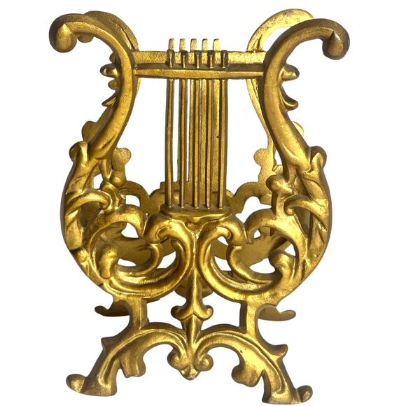 Gold Tone Cast Metal Harp Lyre Sheet Music Vintage Magazine Holder-Excellent - Picture 1 of 5